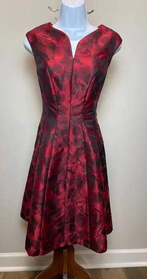 Studio One NY Dress Size 6 Red Matted Satin Black Floral Sleeveless Fit & Flare thumbnail 1