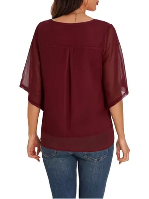 NEW Ruffle 3/4 Sleeve Chiffon Tops V Neck 2 Layers Blouse M thumbnail 2