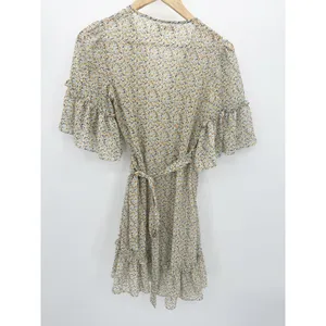 Chelsea &‎ Violet Womens Yellow Microfloral Wrap Dress XS Ruffle Sheer Mini thumbnail 2