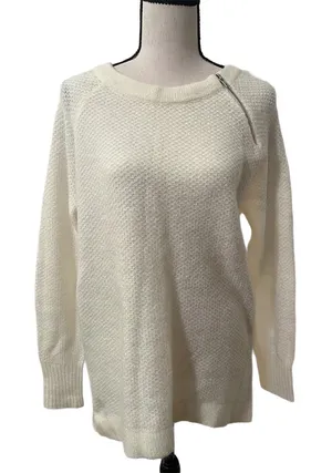 Abercrombie & Fitch Crewneck Knit Sweater | Zip Shoulder Cream NWT thumbnail 1