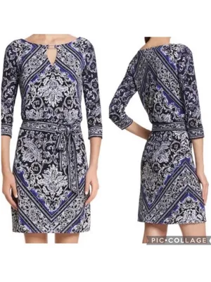 WHBM Women's XS Blue Black Blouson Patterned Keyhole Belted Mini Dress thumbnail 2