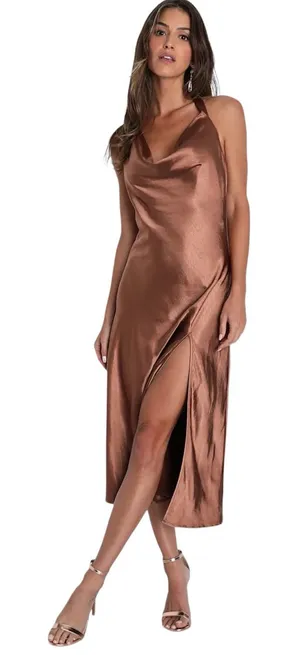 Lulus Sophisticated Impression Brown Satin Backless Cowl Midi Dress size L NWT thumbnail 1