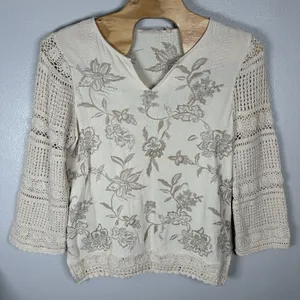Soft Surroundings XL Ivory Beige Floral Embroidered Crochet Knit Sleeves Coastal thumbnail 1