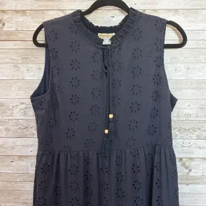 Sweet Magnolia Womens L Maxi Dress Navy Blue Eyelet Cotton Boho Coastal Tassel thumbnail 2
