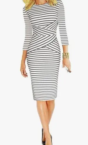Women 3/4 Sleeve Striped Work Wear Business Cocktail Pencil Dress Size X-Large thumbnail 1