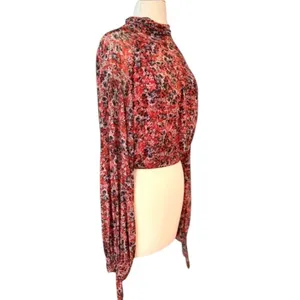 Free People All Dolled Up Top Red Combo Open Back Sheer Tie Cuffs Size Medium thumbnail 4