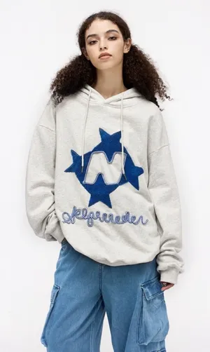 Aelfric Eden Hoodie Womens Medium Gray Blue Star Y2K Streetwear Chenille Patch thumbnail 1