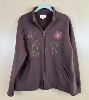 Artisans Brown Floral Embroidered Zip-Up Fleece Jacket Large Casual Cozy thumbnail 1
