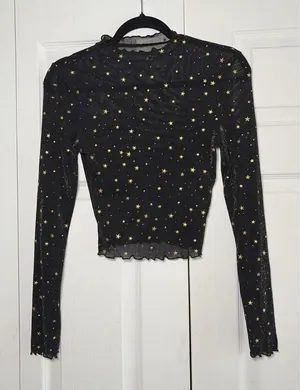 Celestial Star Mesh Top Womens Size S Black Gold Foil Y2K Sheer Mock thumbnail 1