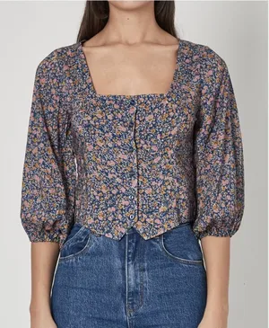 Rollas Roxanne Coast Floral Blouse Blue Multi Square Neck Blouson Sleeve Top S thumbnail 1