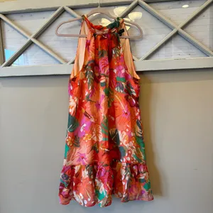 1. State Halter Neck Leaf Print Mini Dress Ruffle Hem‎ Tropical Art Spring XL thumbnail 3