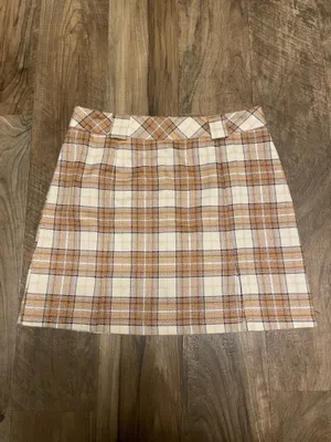 Sans Souci Lurex Plaid Mini Skirt with Front Slit - Beige & Cream Size Medium thumbnail 3