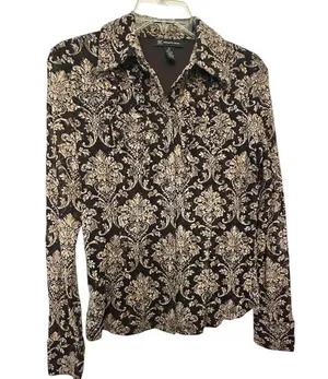 INC International Concepts Black and Cream Floral Shirt thumbnail 1