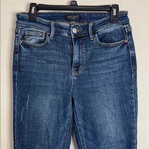Judy Blue Skinny Fit Dark Wash Blue Stretch Denim Jeans Distressed Detais sz 28 thumbnail 3
