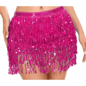 Sequence Skirt Festival Sparkly Tassel Skirt Belly Dance Fringe Hip Scarf Pink thumbnail 1