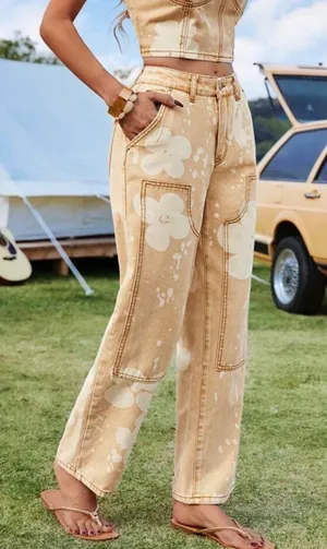 New Boutique Western Boho Button Fly Floral Jeans In Tan Combo Material: Cotton Size: 28 approx 15 inch flat and 28 inch Inseam thumbnail 2