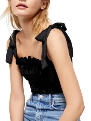 Free People Trapped In Your Love Tie Strap Velvet Tank Top in Black Small $98 thumbnail 2
