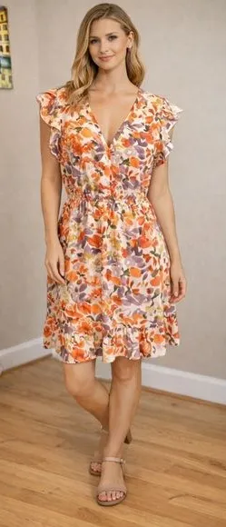 SHEIN Orange Floral Ruffle Mini Dress thumbnail 1