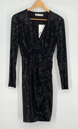 Zara Black Sequin Long Sleeve Mini Dress‎ Ruched Bodycon Size XS Party Holiday thumbnail 1