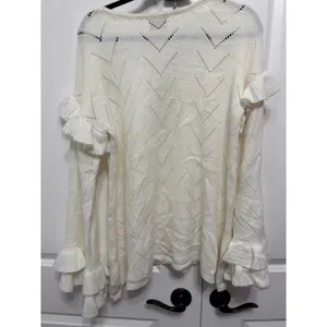 POL Cream Pointelle Knit Ruffle Sleeve Sweater Womens Large Boho Cream thumbnail 4