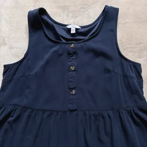 Women’s Dark Blue Tiered Flowy Dress - Sleeveless Knee Length Button Dress, L thumbnail 2