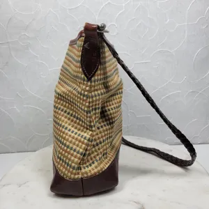Brighton Tweed Purse Braided Leather Trim Heart Charm Brown Tan Check thumbnail 14