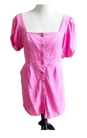 Old Navy Mini Dress Women M Pink Linen Blend Puff Sleeve Button Front Barbiecore thumbnail 1