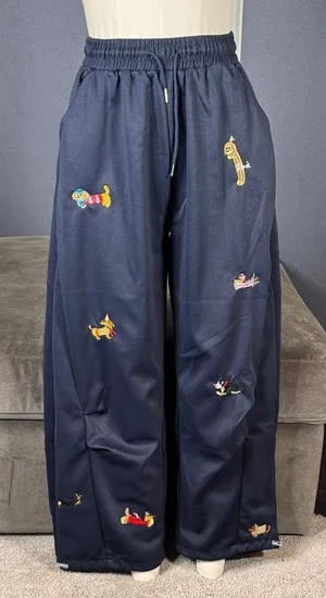 Unisex Blue Embroidered Puppy Baggy Sweatpants Y2K Wide Leg Pant Lantern Trouser thumbnail 1