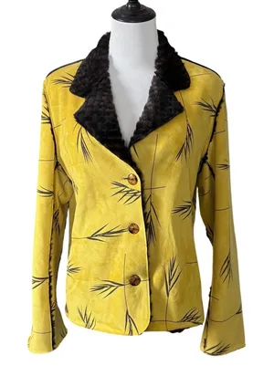 Robert Kitchen Faux‎ Suede Faux Fur Leaf Print Jacket Sz M Yellow Brown thumbnail 1