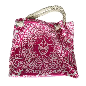 Donna Dixon Pink White Damask Canvas Rope Tote Bag Beach Resort Boho 18x18 thumbnail 7