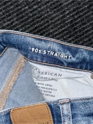 AE American Eagle 90s Straight Distressed Patched Jeans Strigid Denim Sz 00 R thumbnail 8