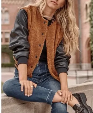 Blank NYC Sherpa Varsity Bomber Jacket Black Brown Cinnamon Spice Small thumbnail 1