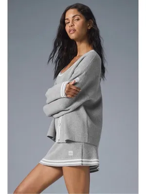 Alo Yoga Tennis Club Cardigan Sweater XS Gray Varsity Preppy Athleisure Chic thumbnail 2