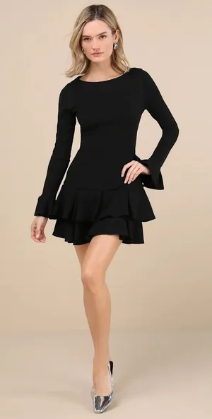 NEW Lulus Women Witchy Dress Small Black Bell Tiered Mini Bodycon‎ Party LBD thumbnail 1