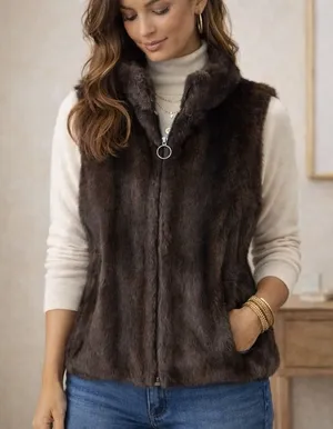 Women's Faux Fur Vest Full‎ Zip Ann Taylor Luxury Mock Neck Small thumbnail 1