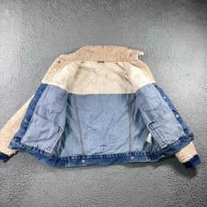 Topshop Denim Jacket Womens 6 Small Blue Cream Borg Fleece Mixed Media Trucker thumbnail 4