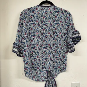 Max Studio Ditsy Floral Blue & Pink Flared Sleeve Tie Front Blouse S thumbnail 9