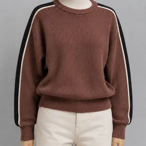 Womens Sweater Brown Ribbed Knit Racing Stripe Crewneck‎ Large thumbnail 1