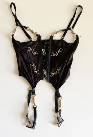Vintage Womens Black Satin Chain Link Garter Belt Bondage Rave Goth Punk Corset thumbnail 1