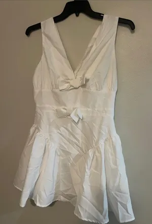 Corset Cute Bow Decor V-Neck A-Line Ruffle Mini Dress, Vacation, Date, Romantic thumbnail 1