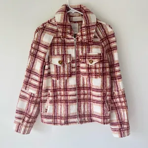Avec Les Filles Plaid Zip Up Jacket Fleece White Pink Orange Shacket Cropped thumbnail 2