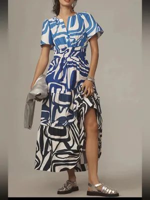 Nwot Anthropologie Somerset tiered maxi dress $170 L fall party boho blue wave thumbnail 2