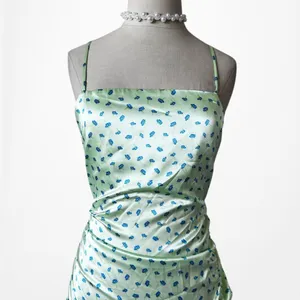 Zara Pastel Green Blue Printed Satin Midi Ruched Side Slit Summer Sundress S thumbnail 5