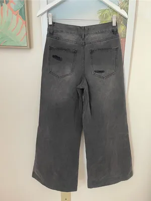 Dolls Kill Widow Sinful Attitude Wide Leg Jeans Pants in Distressed Grey Black thumbnail 3