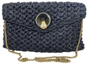 Vintage Navy Blue Woven Straw Envelope Clutch Purse Shoulder Bag thumbnail 1