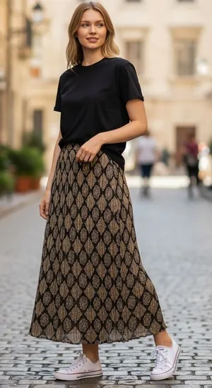 Lane Bryant Black Tan Geometric Diamond Pleated Maxi Skirt Elastic‎ Waist Large thumbnail 1
