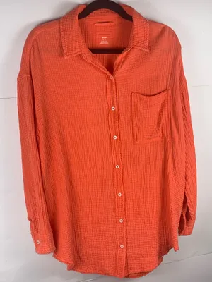 Aerie Womens S Pool to Party Gauze Shirt Orange Cotton Oversized Beach Cover Up thumbnail 3