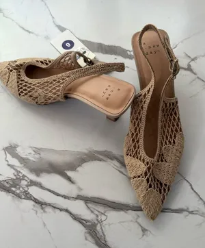 A New Day Women’s Esme Crochet Pointed Toe Slingback Kitten Heels – Tan / Beige Size 9 NWT thumbnail 1