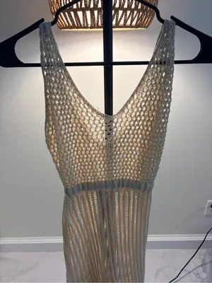Boho Crochet Swim Cover-Up Dress in Beige thumbnail 5