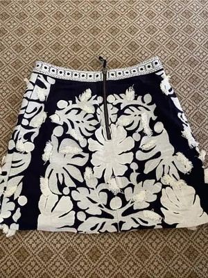 Anthropologie Navy and White Embroidered A-Line Skirt thumbnail 3
